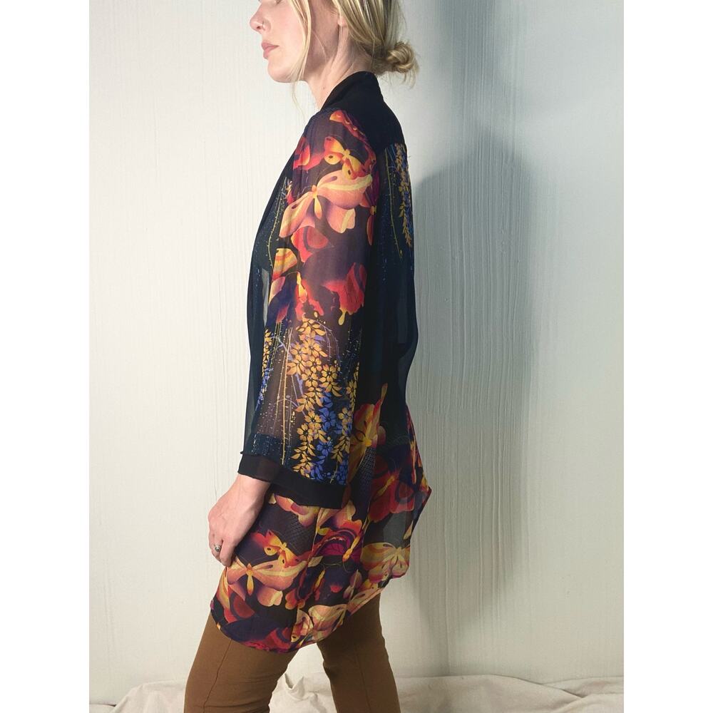 CITRON Black Sheer Silk Kimono Floral Butterflies US MEDIUM - Picture 2 of 15